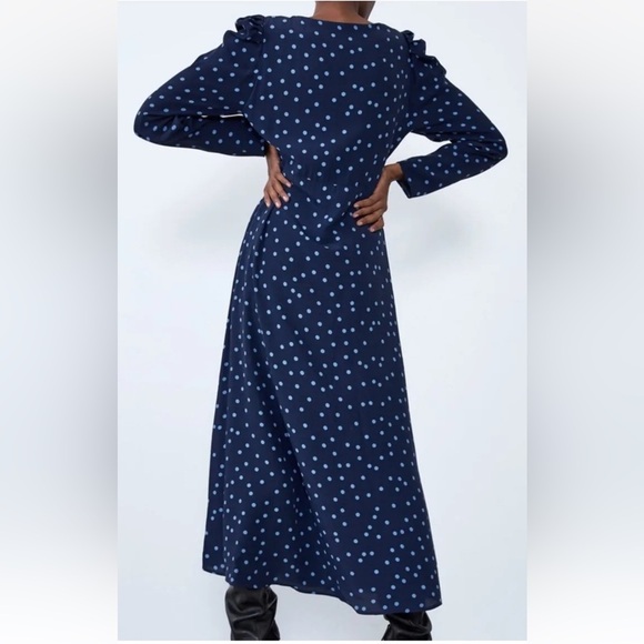 ZARA Midi Maxi Blue Polka Dots Dress puff Long Sleeves Size XS - Picture 2 of 14